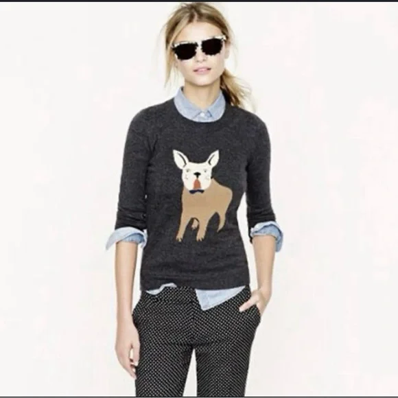J. Crew Charcoal preppy Sweater with Dog Design - Picture 1 of 8